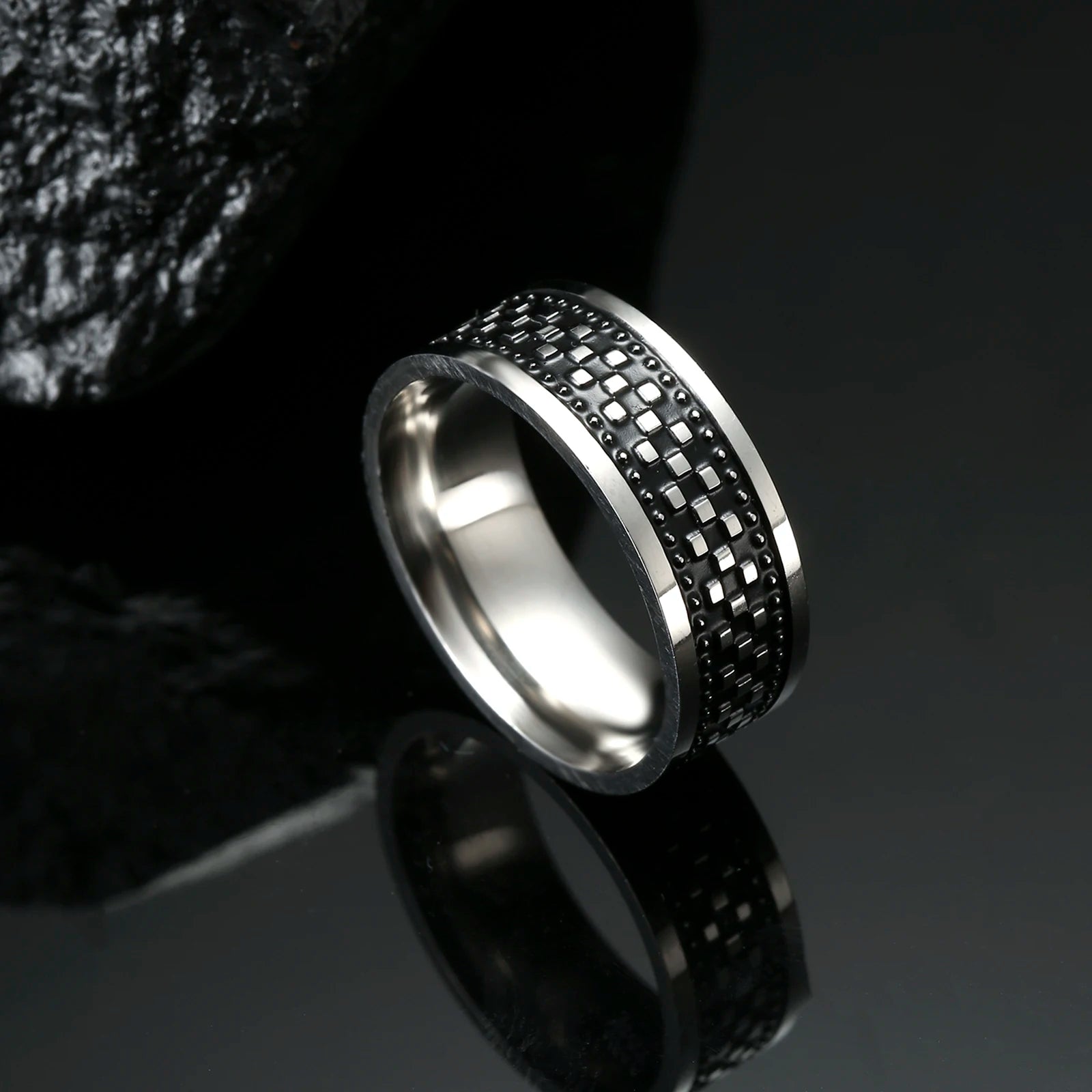 Men's Geometric Engraved Pattern Thick Stainless Steel Band Ring - Lovez Aqua© - 