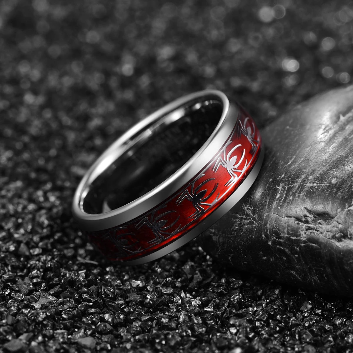 Marvel's Spiderman Men's Spider Motif Inlaid Red Opal Tungsten Band Ring - Disney - 