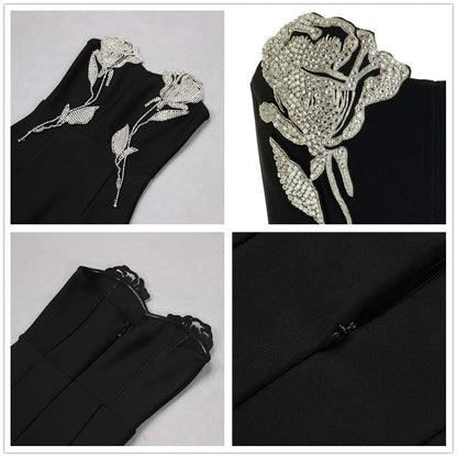 Women's Black Sleeveless Bodycon Maxi Dress with High Slit & Rhinestone Roses - Lovez Aqua© - 