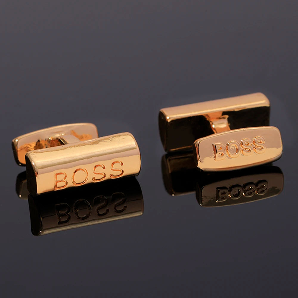 Men's Gold Engraved "Boss" Businessman Style Rectangle Cufflinks - Lovez Aqua© - 