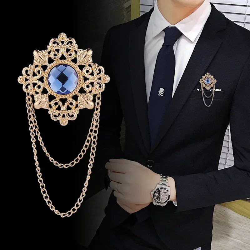 Men's Retro Baroque Style Crystal Brooch Vintage Tassel Chain Brooch - Lovez Aqua© - 
