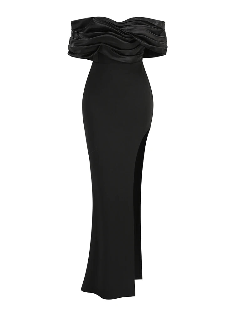 Women's Black Satin Ruffle Shoulder Bodycon High Slit Maxi Evening Dress - Lovez Aqua© - S