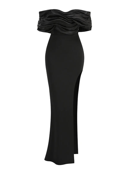 Women's Black Satin Ruffle Shoulder Bodycon High Slit Maxi Evening Dress - Lovez Aqua© - S