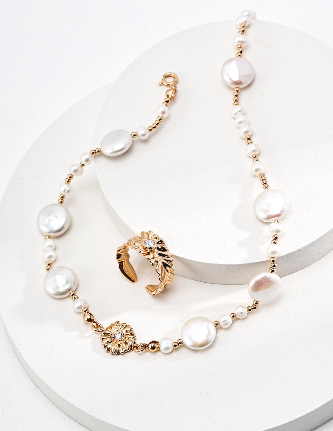 Women's 18K Gold-Plated Vermeil Baroque Flower & Natural Pearl Necklace - Lovez Aqua© - 