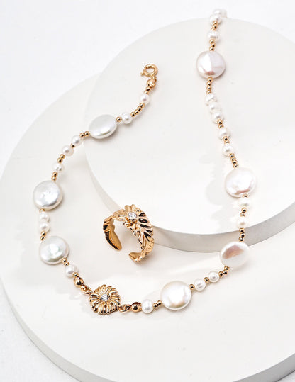 Women's 18K Gold-Plated Vermeil Baroque Flower & Natural Pearl Necklace - Lovez Aqua© - 