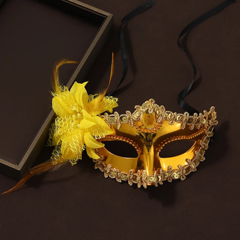 Deep Gold Half Face Women's Venetian Masquerade Festival Mask with Yellow Flower - Lovez Aqua© - Default Title