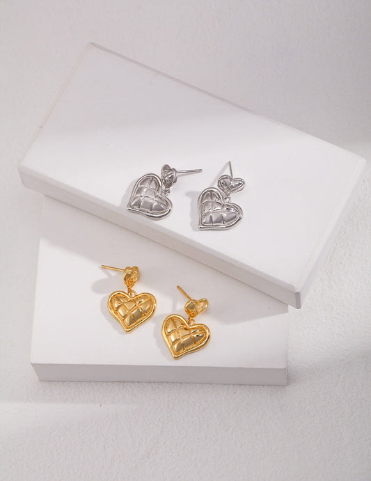 Women's 18ct Gold Vermeil Quilted Heart Shaped Drop Earrings - Lovez Aqua© - 