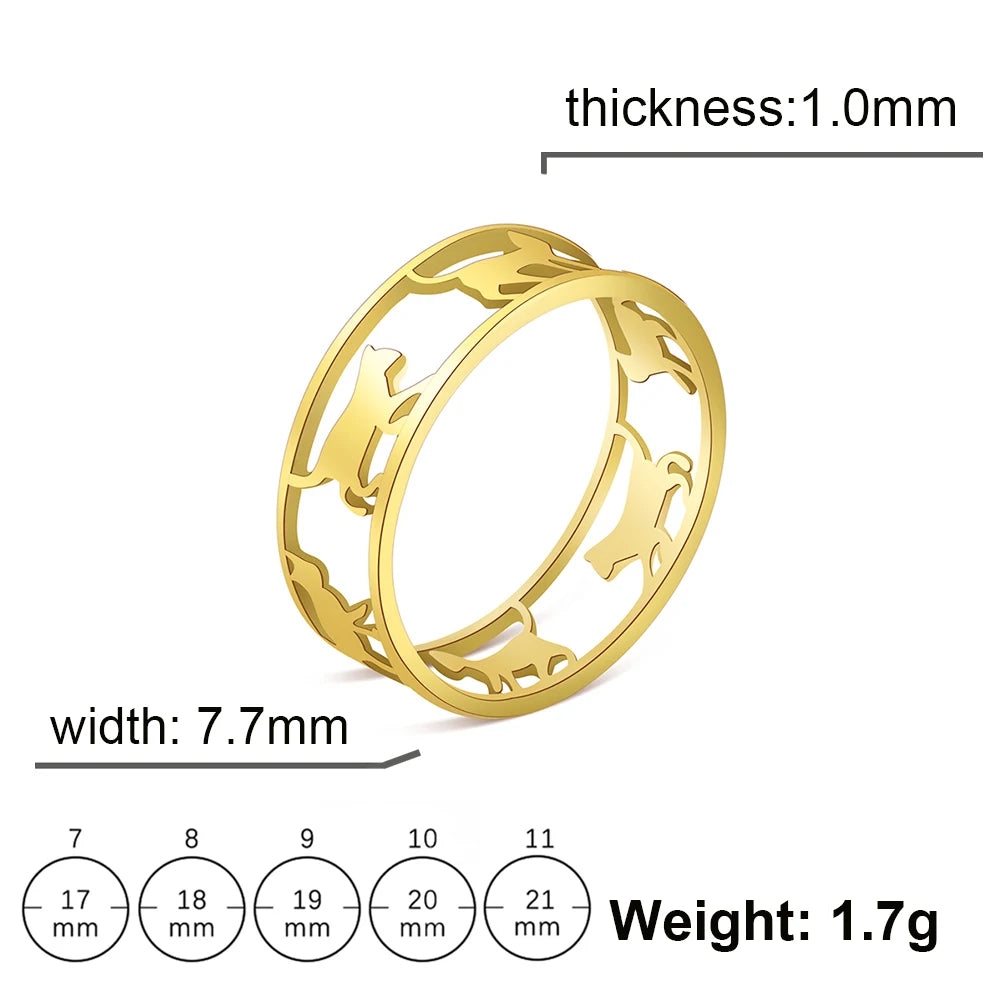 Women's Stainless Steel Gold or Silver Cute Cutout Feline Cats Ring - Lovez Aqua© - Gold / 6