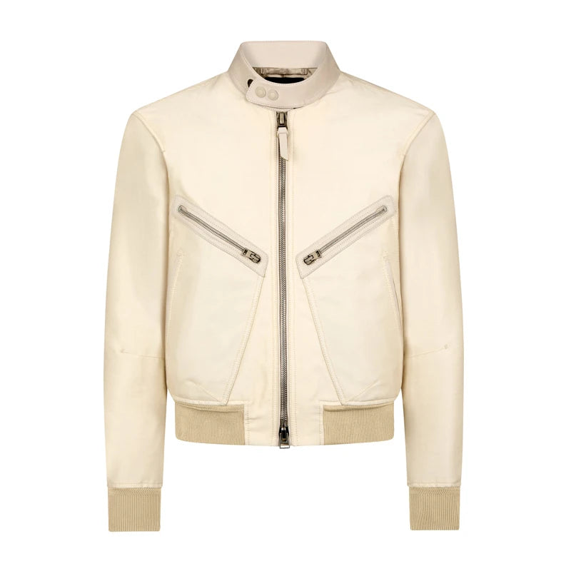 Men's Classic Stand-Up Collar Beige Genuine Leather Jacket with Ribbed Cuff - Lovez Aqua© - 