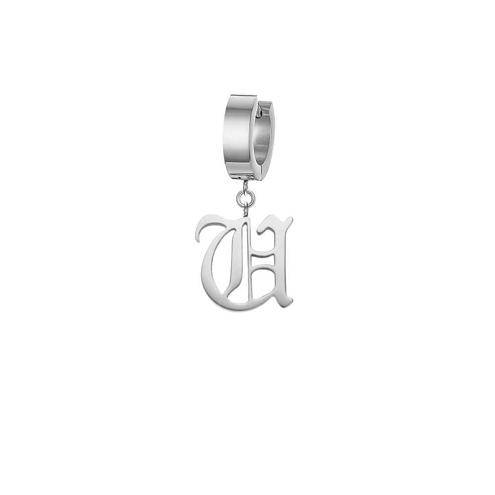 Old English Gothic Calligraphy Gold/Silver Initial Earring - Lovez Aqua© - U / Chrome