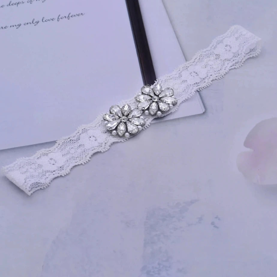 Women's Rhinestone & Pearl Embellished Floral Lace Bridal Garter Belt - Lovez Aqua© - 1
