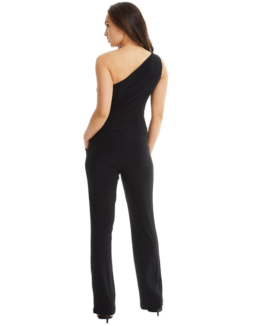 Women's Sleek Black Jersey One Shoulder Pantsuit - Lovez Aqua© - 