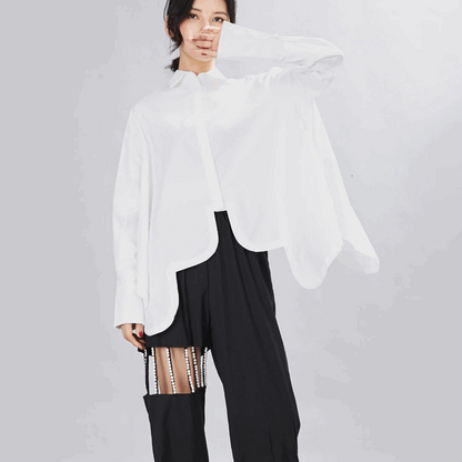 Women's Modern Layered Oversized Button-Down Shirt with Lapels & Irregular Hem - marigoldshadows - 