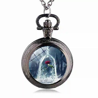 Disney's Beauty and the Beast Rose in Glass Dome Engraved Quartz Pocket Watch - Disney - Black