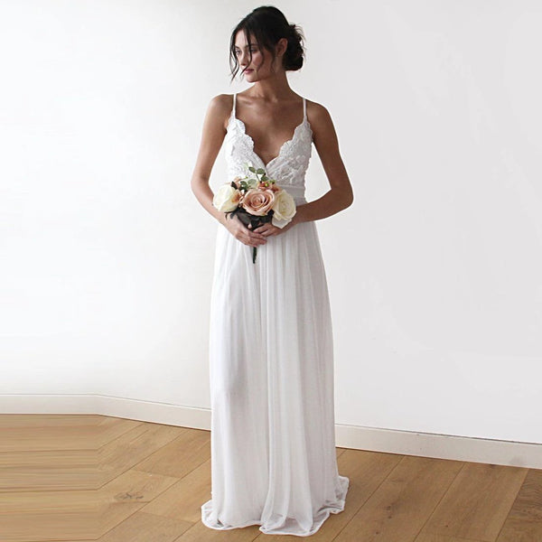 White Floral Lace Spaghetti Straps Maxi Wedding Dress with Scalloped V-Neckline - Lovez Aqua© - 