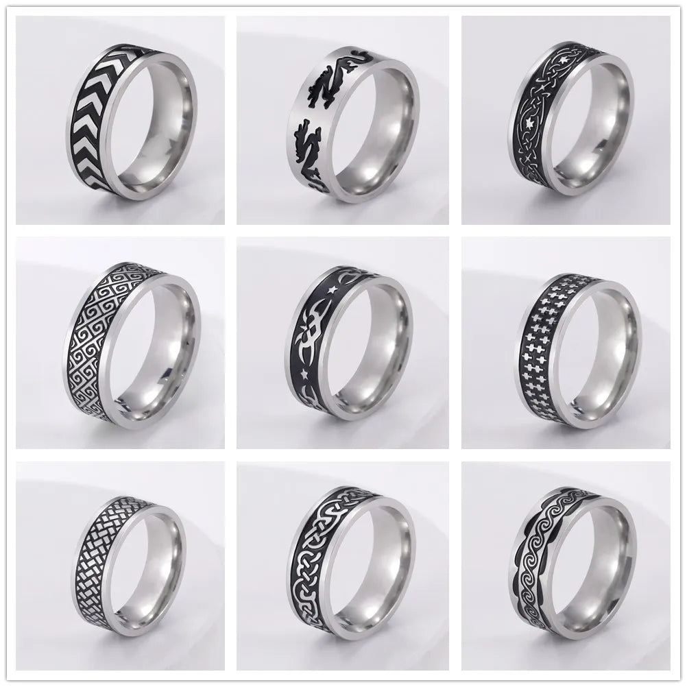 Men's Geometric Engraved Pattern Thick Stainless Steel Band Ring - Lovez Aqua© - 