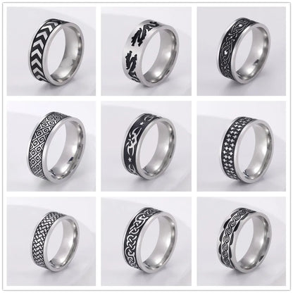 Men's Geometric Engraved Pattern Thick Stainless Steel Band Ring - Lovez Aqua© - 