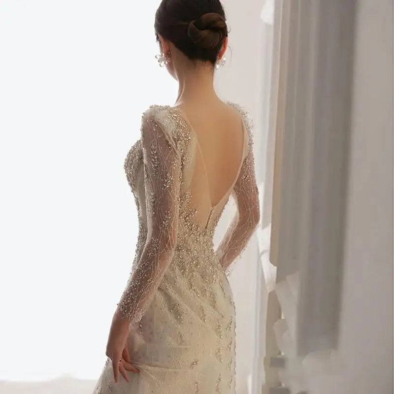 White Long Sleeve V-Back Lace Wedding Dress With Beaded Details & Sheer Overlay - Lovez Aqua© - 