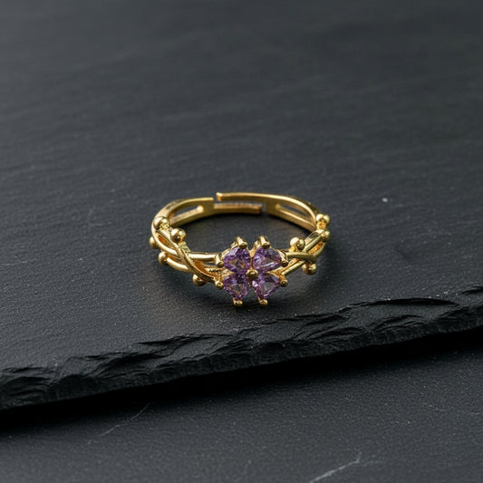 Elegant Gold Plated Ring with Marquise-Cut Amethyst Flower & Twisted Band - Lovez Aqua© - 