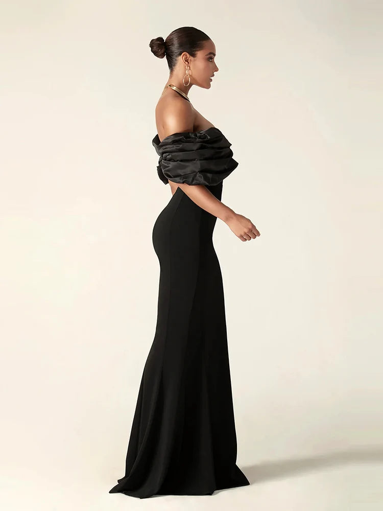 Women's Black Satin Ruffle Shoulder Bodycon High Slit Maxi Evening Dress - Lovez Aqua© - 
