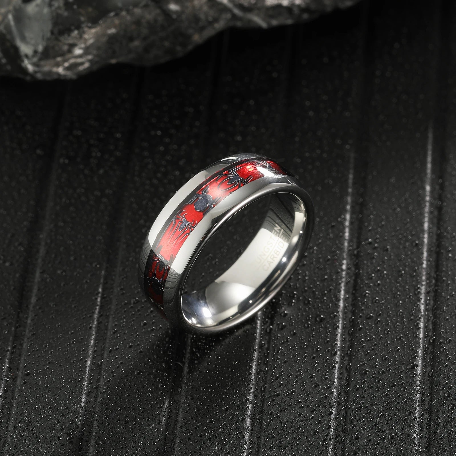 Marvel's Spiderman Men's Spider Motif Inlaid Red Opal Tungsten Band Ring - Disney - 