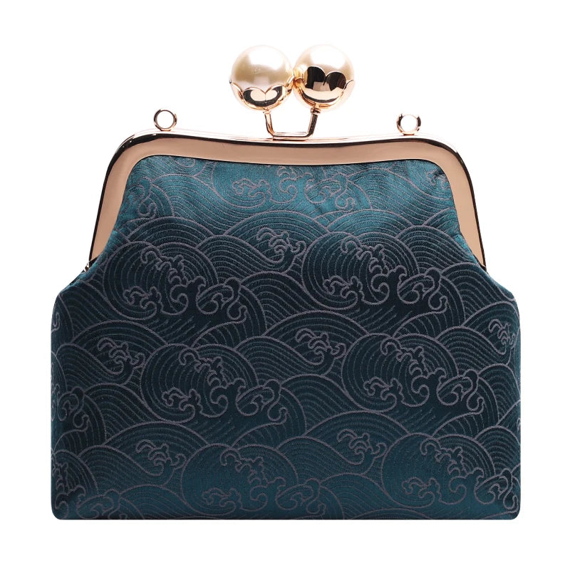 Vintage Blue Ocean Seashell Brocade Bridal Clutch Purse with Pearl Kiss Clasp - Lovez Aqua© - 