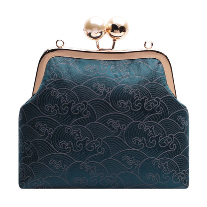 Vintage Blue Ocean Seashell Brocade Bridal Clutch Purse with Pearl Kiss Clasp - Lovez Aqua© - 