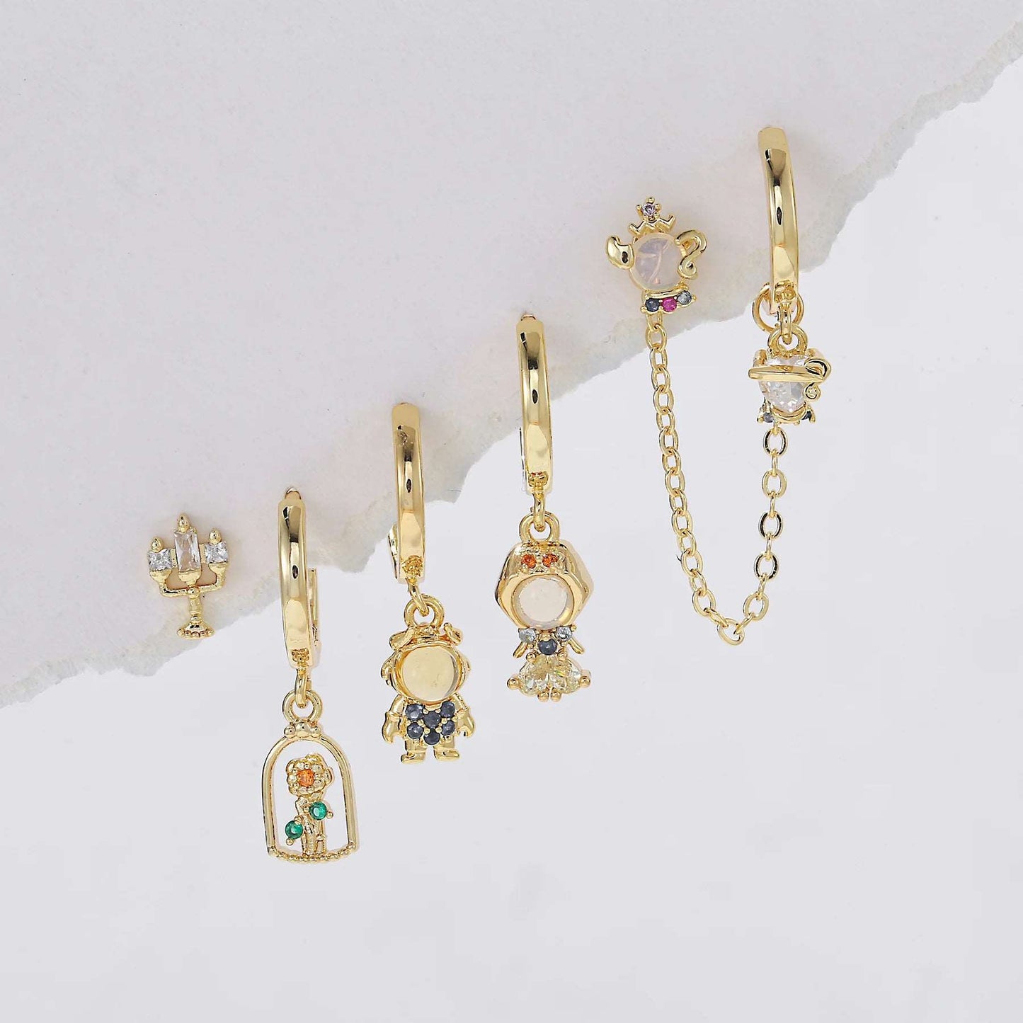 Disney's Beauty & the Beast Belle Gold Plated Zircon Stud Earrings (5 Pieces) - Disney - 