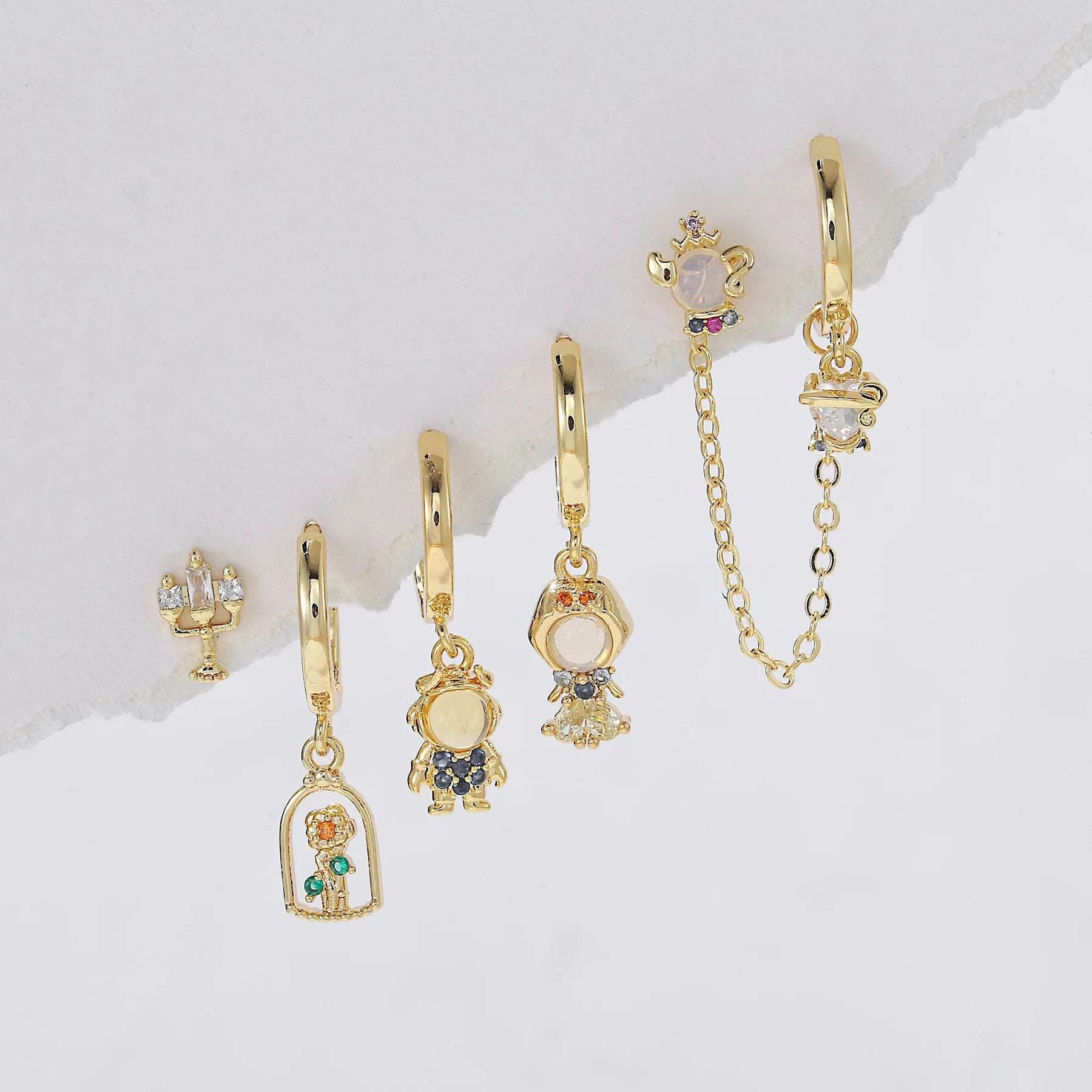 Disney's Beauty & the Beast Belle Gold Plated Zircon Stud Earrings (5 Pieces) - Disney - 
