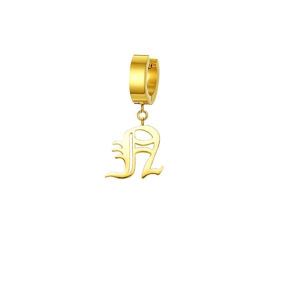 Old English Gothic Calligraphy Gold/Silver Initial Earring - Lovez Aqua© - N / Gold