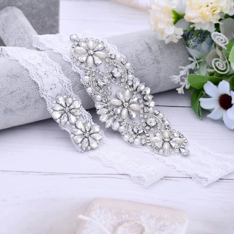 Women's Rhinestone & Pearl Embellished Floral Lace Bridal Garter Belt - Lovez Aqua© - 