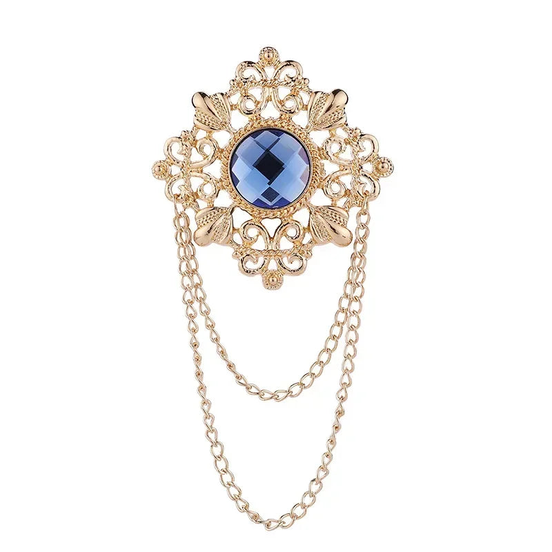 Men's Retro Baroque Style Crystal Brooch Vintage Tassel Chain Brooch - Lovez Aqua© - 