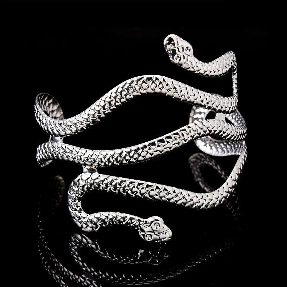 Cleopatra-Inspired Snake Bangle with Open Cuff Design Egyptian Themed Jewelry - Lovez Aqua© - Silver