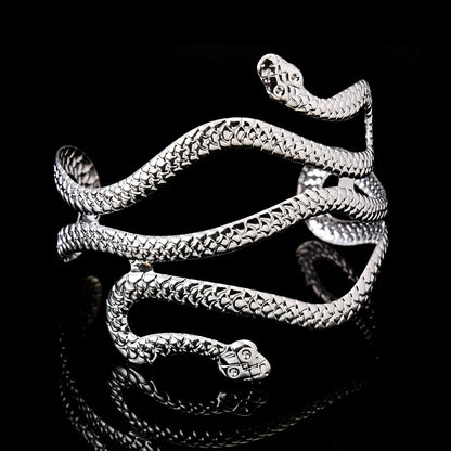 Cleopatra-Inspired Snake Bangle with Open Cuff Design Egyptian Themed Jewelry - Lovez Aqua© - Silver