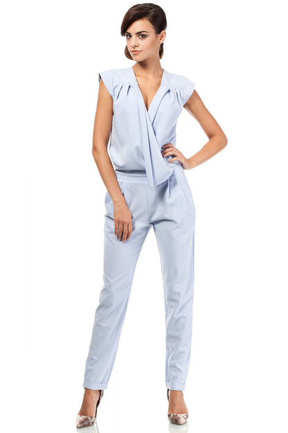 Women’s Light Blue Sleeveless Pantsuit With Ruffle Detail & Pockets - Lovez Aqua© - 