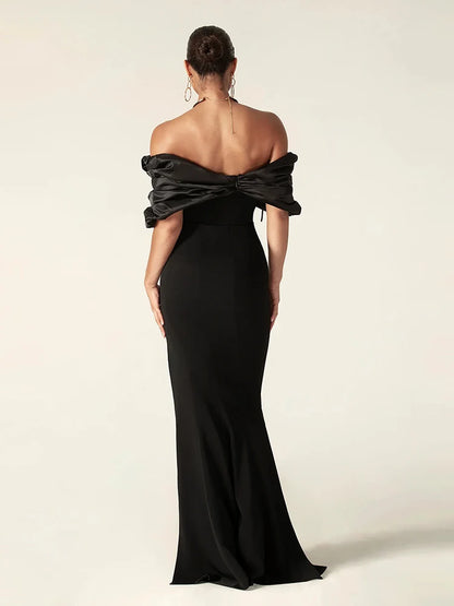 Women's Black Satin Ruffle Shoulder Bodycon High Slit Maxi Evening Dress - Lovez Aqua© - 
