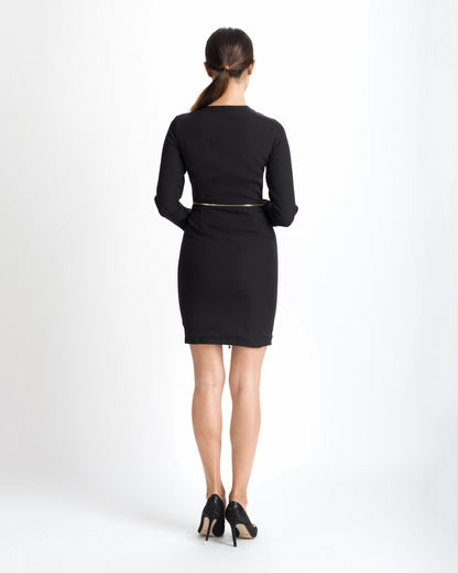 Women's Long Sleeve Black Bodycon Mini Dress with Gold Zipper & Buttons - Lovez Aqua© - 