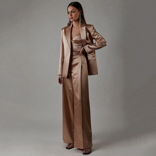 Women's Metallic Bronze Silk & Satin Formal Blazer and Flared Pants Suit Set - Lovez Aqua© - 