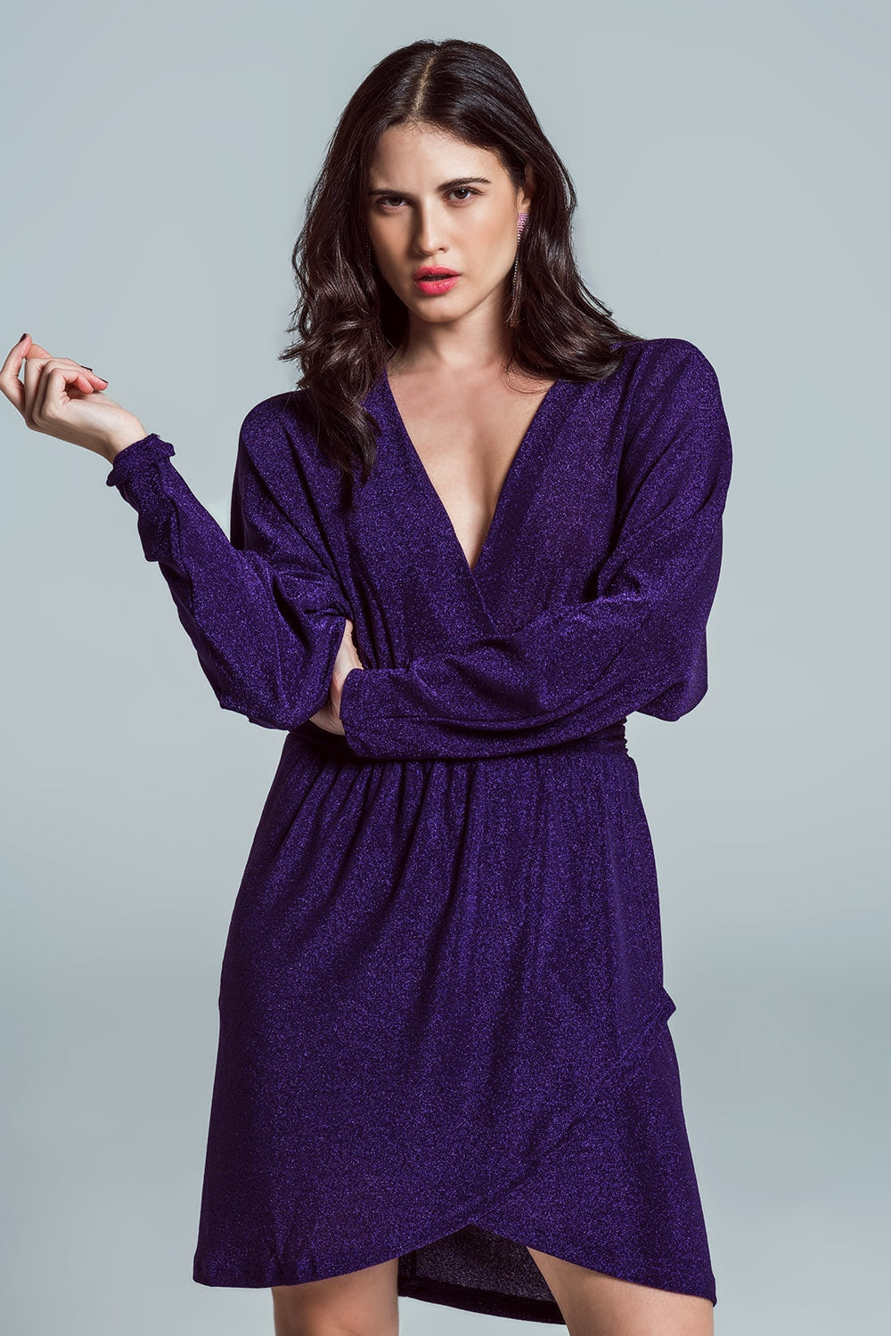 Women's Mini Length Deep Purple Glitter Party Dress with Low V-Neck - Lovez Aqua© - 
