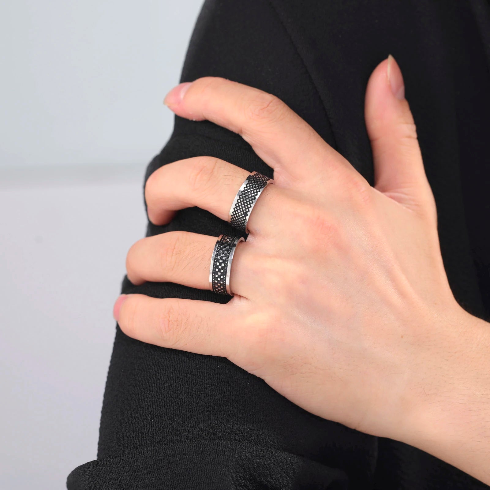 Men's Geometric Engraved Pattern Thick Stainless Steel Band Ring - Lovez Aqua© - 