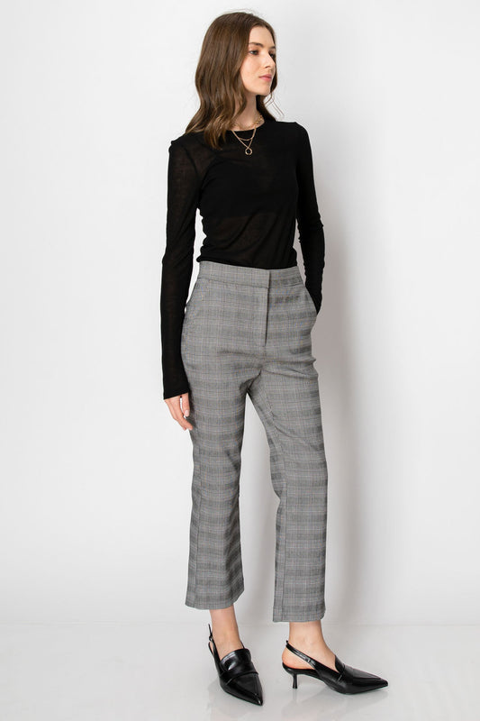 Women's Black & White Plaid High Waisted Ankle Length Flared Office Pants