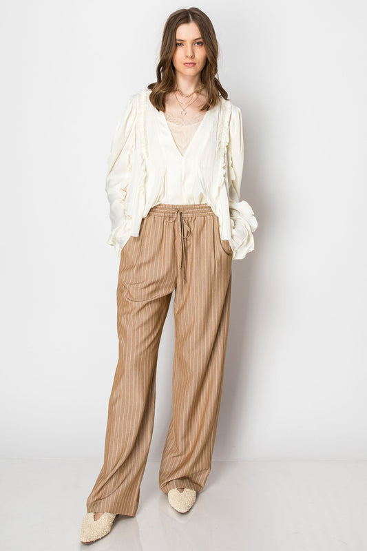 Women's Beige Pinstripe Drawstring Wide Leg Flared Office Pants