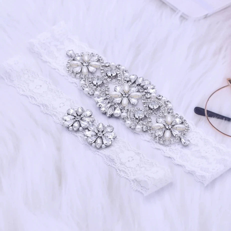 Women's Rhinestone & Pearl Embellished Floral Lace Bridal Garter Belt - Lovez Aqua© - 2