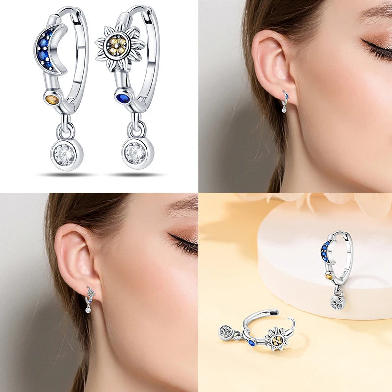 Pandora 925 Sterling Silver Two-Tone Moon, Stars & Sun Women's Earrings - Pandora - 