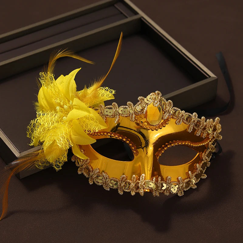 Deep Gold Half Face Women's Venetian Masquerade Festival Mask with Yellow Flower - Lovez Aqua© - 