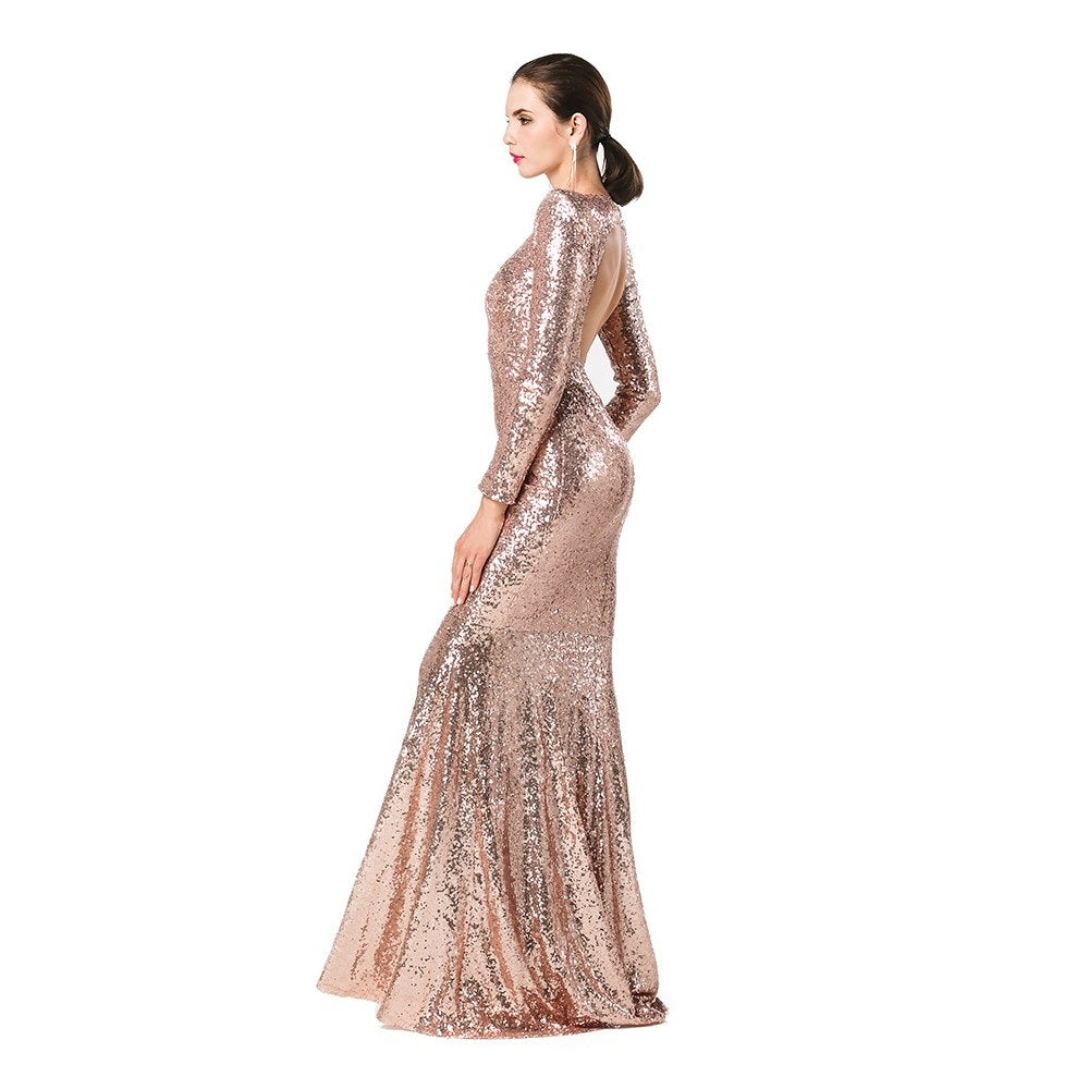 Women's Gold Sequined Long Sleeve Floor Length Ball Gown - Lovez Aqua© - 
