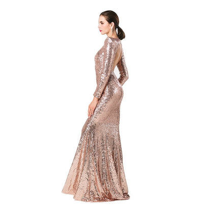 Women's Gold Sequined Long Sleeve Floor Length Ball Gown - Lovez Aqua© - 