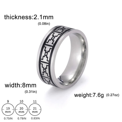 Men's Geometric Engraved Pattern Thick Stainless Steel Band Ring - Lovez Aqua© - Style 21 / 11