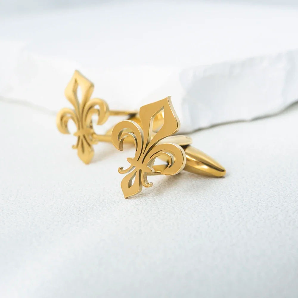 Men's Classic Fleur de Lis Stainless Steel French Coat of Arms Cufflinks - Lovez Aqua© - Gold