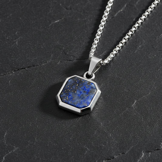Men's Geometric Lapis Lazuli/Black Enamel Stone Square Pendant Necklace - Lovez Aqua© - Blue Silver / 60cm